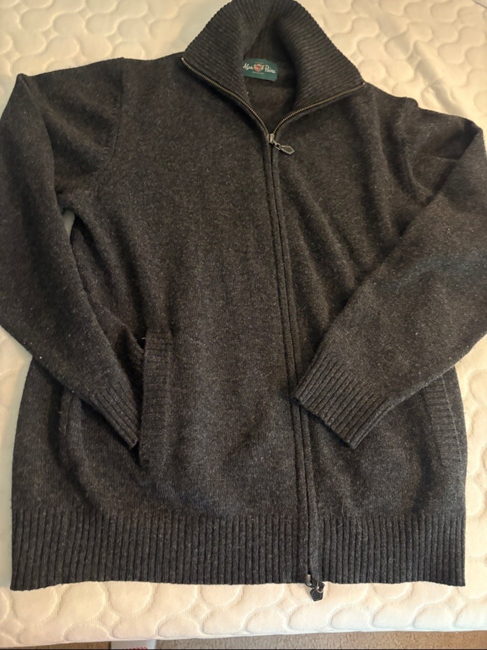 Men's Alan Paine Full Zip-Up Mock Neck Sweater - Lambswool Dark Charcoal UK 44
